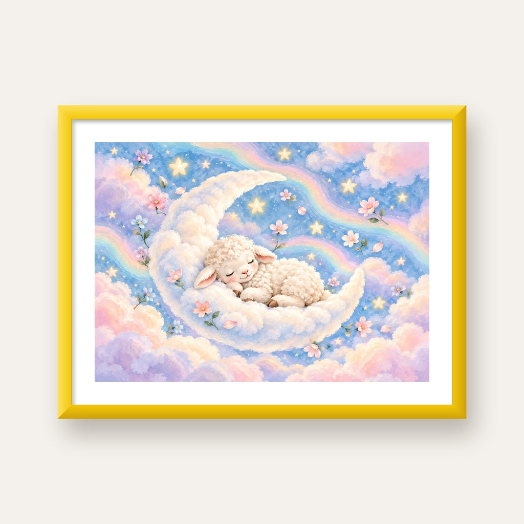 Uyuyan Kuzu ve Masalsı Gökyüzü Pastel Poster — sarı çerçeveli paspartulu