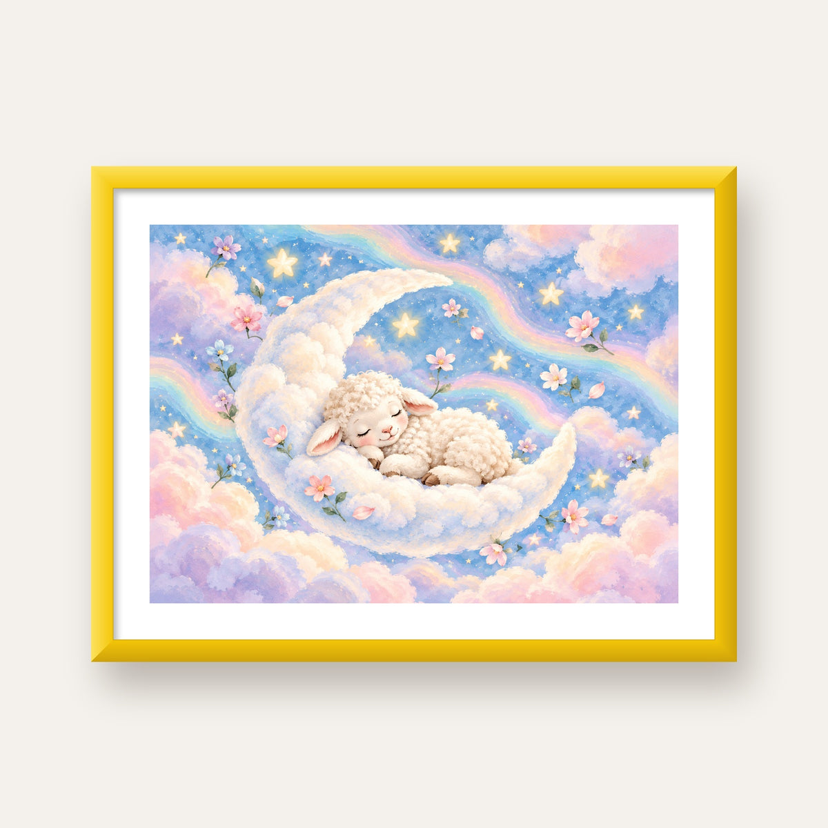 Uyuyan Kuzu ve Masalsı Gökyüzü Pastel Poster — sarı çerçeveli paspartulu
