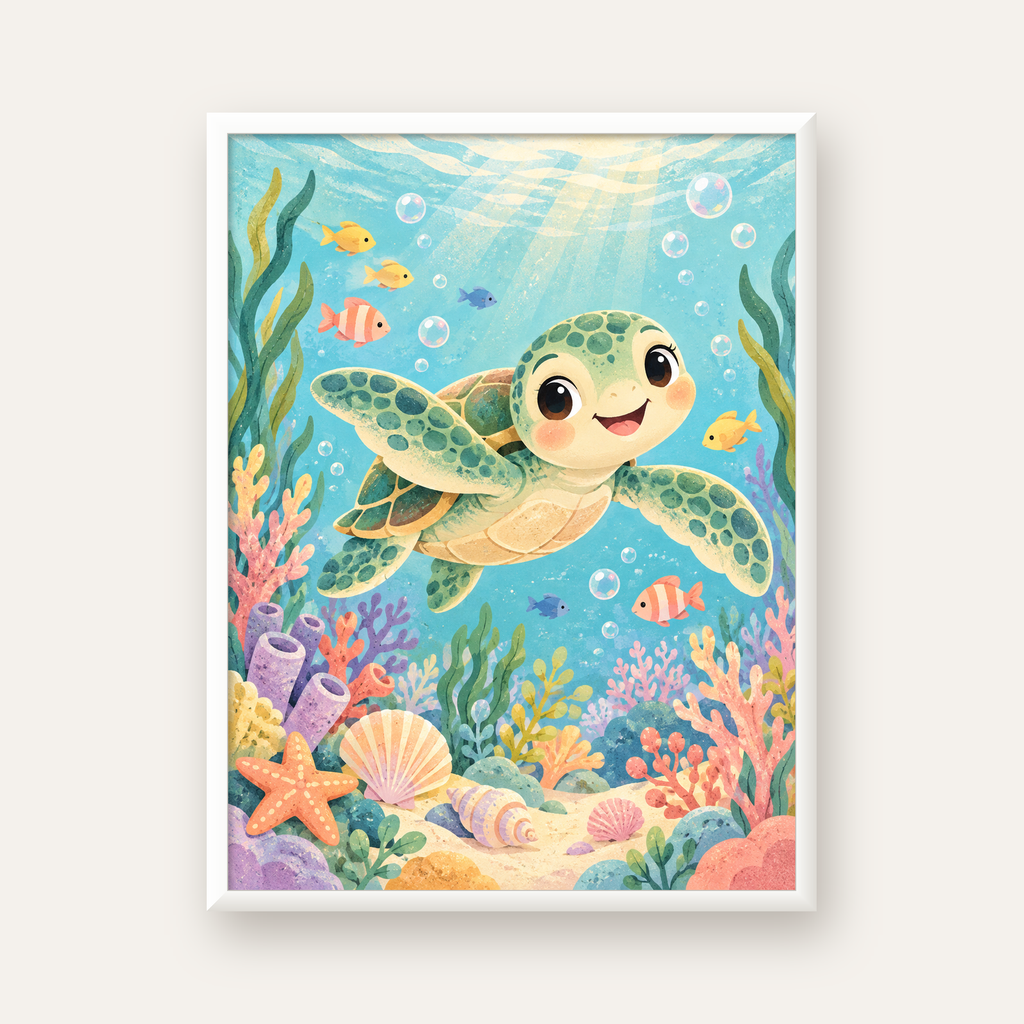 Sevimli Deniz Kaplumbağası ve Mercan Çocuk Odası Posteri — beyaz çerçeveli dikey poster