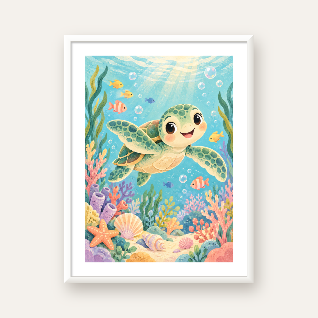 Sevimli Deniz Kaplumbağası ve Mercan Çocuk Odası Posteri — beyaz çerçeveli dikey poster