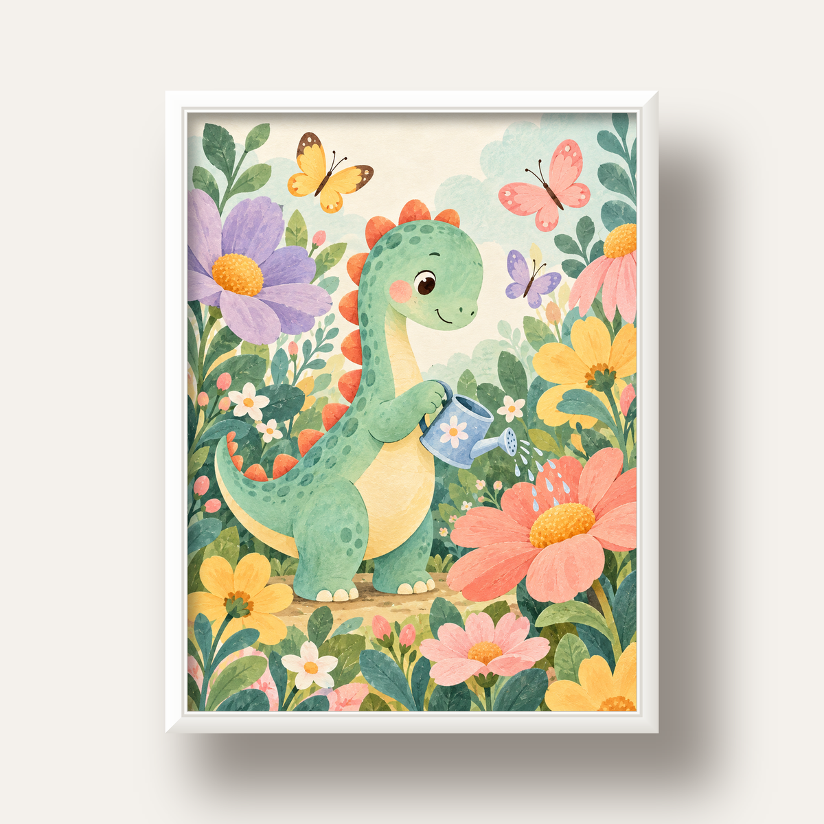 Sevimli Dinozor ve Çiçekler Pastel Poster – Çocuk Odası Dekoru — beyaz derin çerçeveli