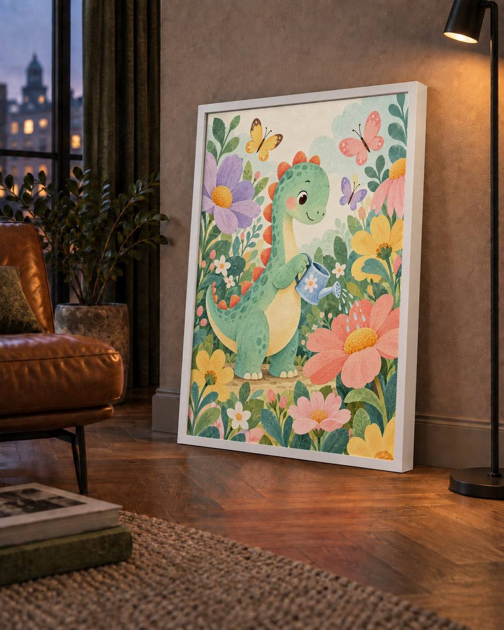 Sevimli Dinozor ve Çiçekler Pastel Poster – Çocuk Odası Dekoru