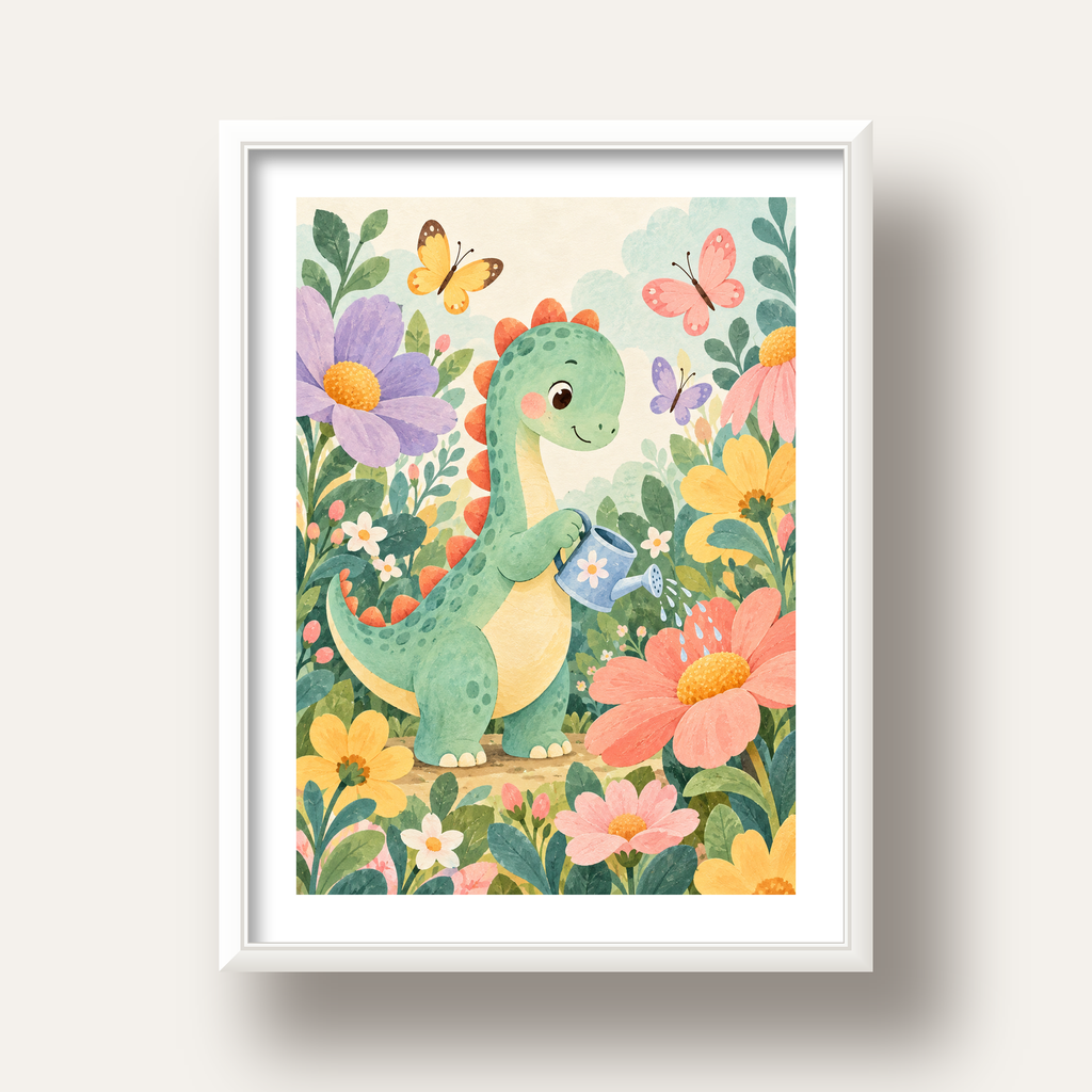 Sevimli Dinozor ve Çiçekler Pastel Poster – Çocuk Odası Dekoru — beyaz derin çerçeveli paspartulu