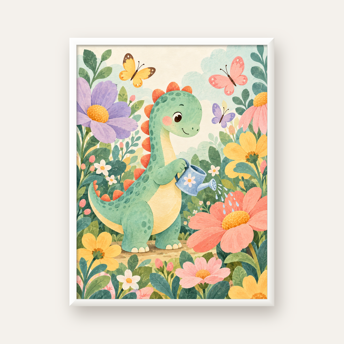 Sevimli Dinozor ve Çiçekler Pastel Poster – Çocuk Odası Dekoru — beyaz çerçeveli dikey poster