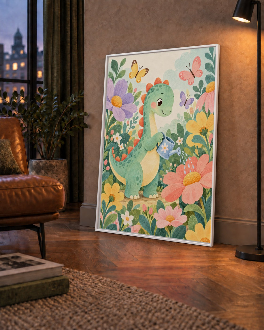 Sevimli Dinozor ve Çiçekler Pastel Poster – Çocuk Odası Dekoru