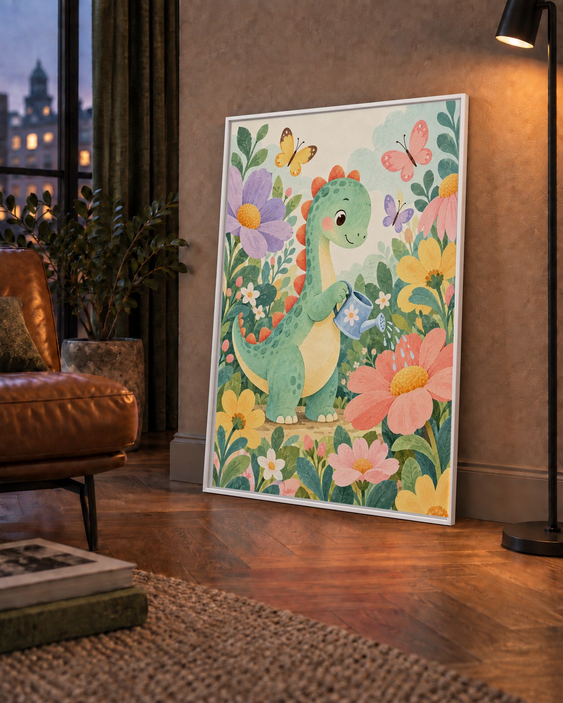 Sevimli Dinozor ve Çiçekler Pastel Poster – Çocuk Odası Dekoru
