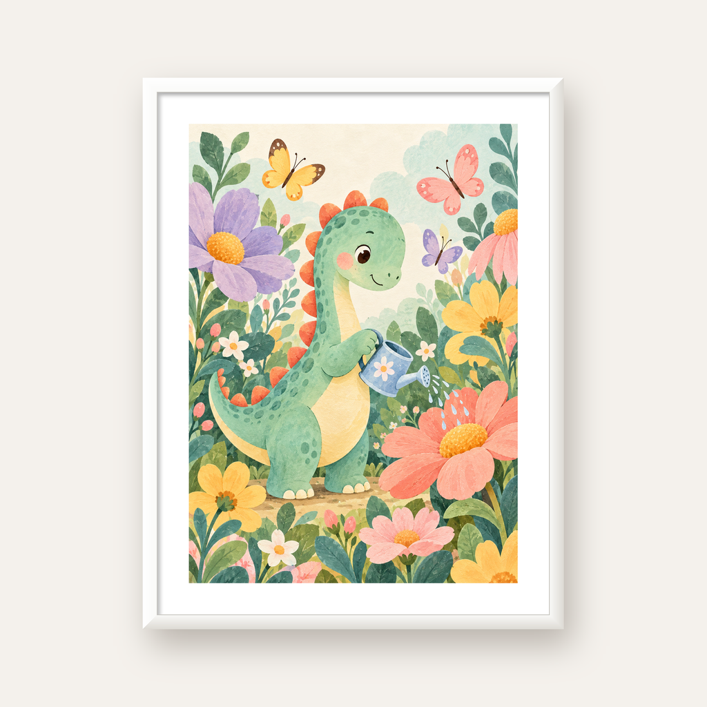 Sevimli Dinozor ve Çiçekler Pastel Poster – Çocuk Odası Dekoru — beyaz çerçeveli dikey poster