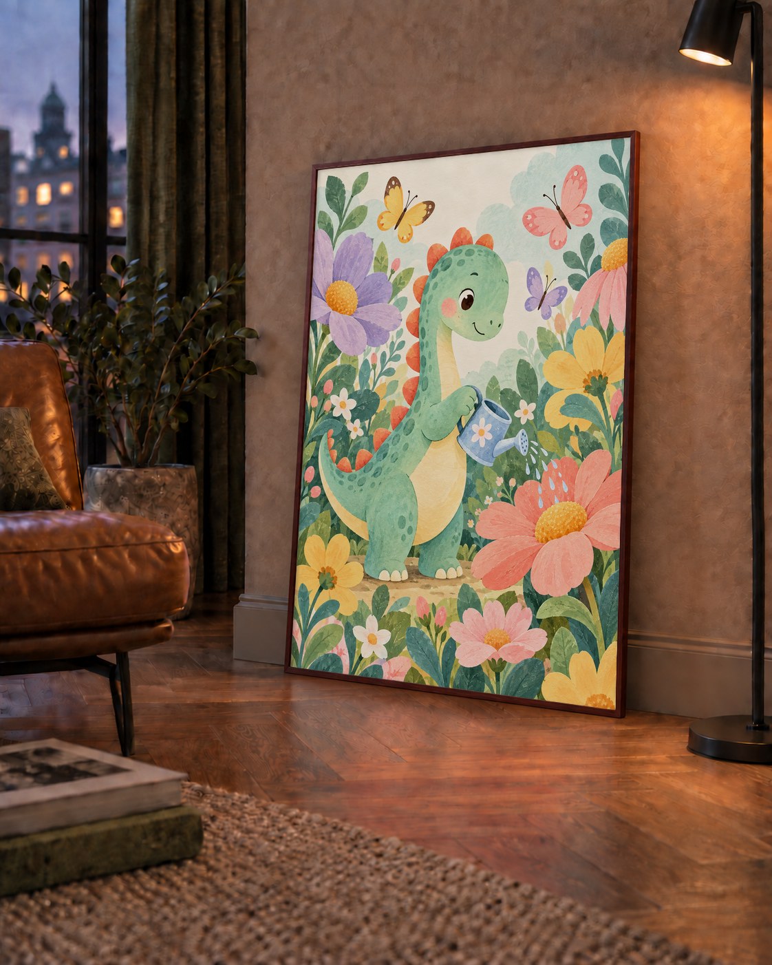Sevimli Dinozor ve Çiçekler Pastel Poster – Çocuk Odası Dekoru