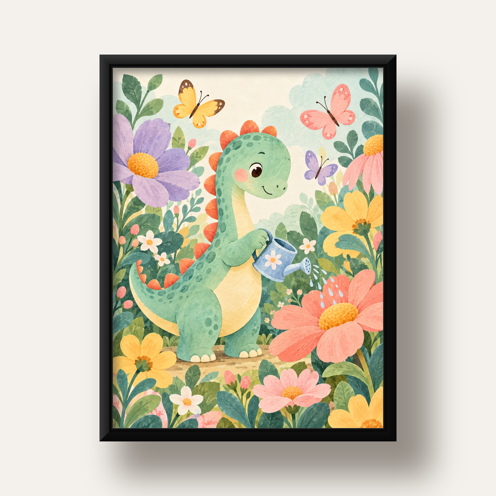 Sevimli Dinozor ve Çiçekler Pastel Poster – Çocuk Odası Dekoru — siyah derin çerçeveli