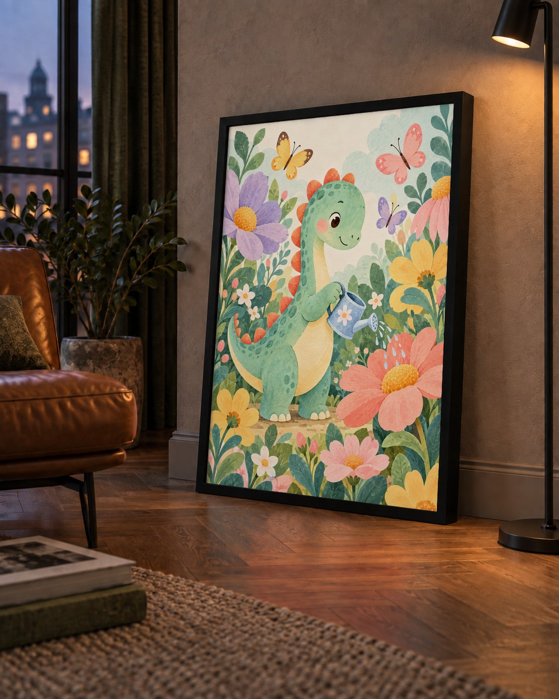 Sevimli Dinozor ve Çiçekler Pastel Poster – Çocuk Odası Dekoru