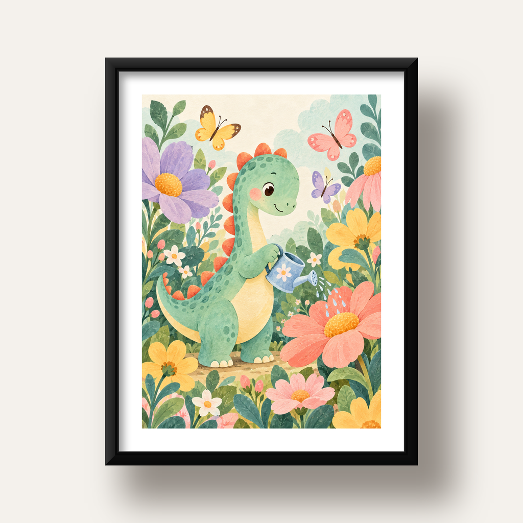 Sevimli Dinozor ve Çiçekler Pastel Poster – Çocuk Odası Dekoru — siyah derin çerçeveli paspartulu