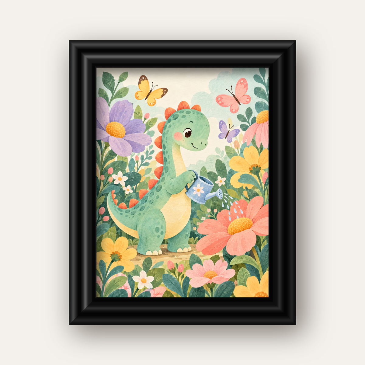 Sevimli Dinozor ve Çiçekler Pastel Poster – Çocuk Odası Dekoru — siyah galeri çerçeveli