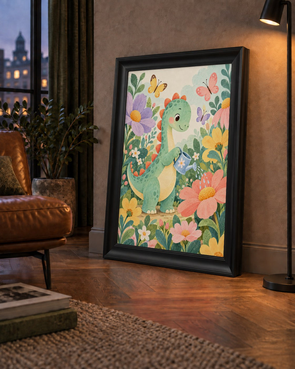 Sevimli Dinozor ve Çiçekler Pastel Poster – Çocuk Odası Dekoru