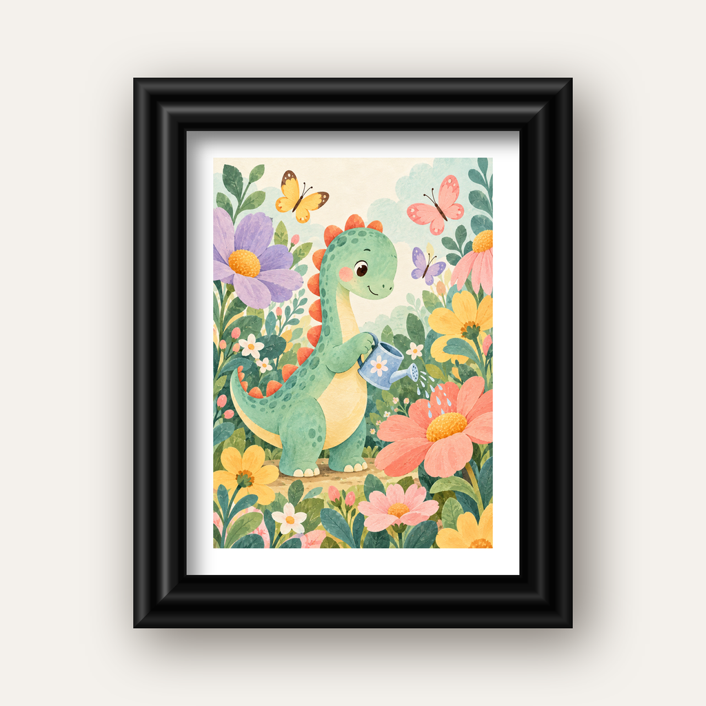 Sevimli Dinozor ve Çiçekler Pastel Poster – Çocuk Odası Dekoru — siyah galeri çerçeveli paspartulu