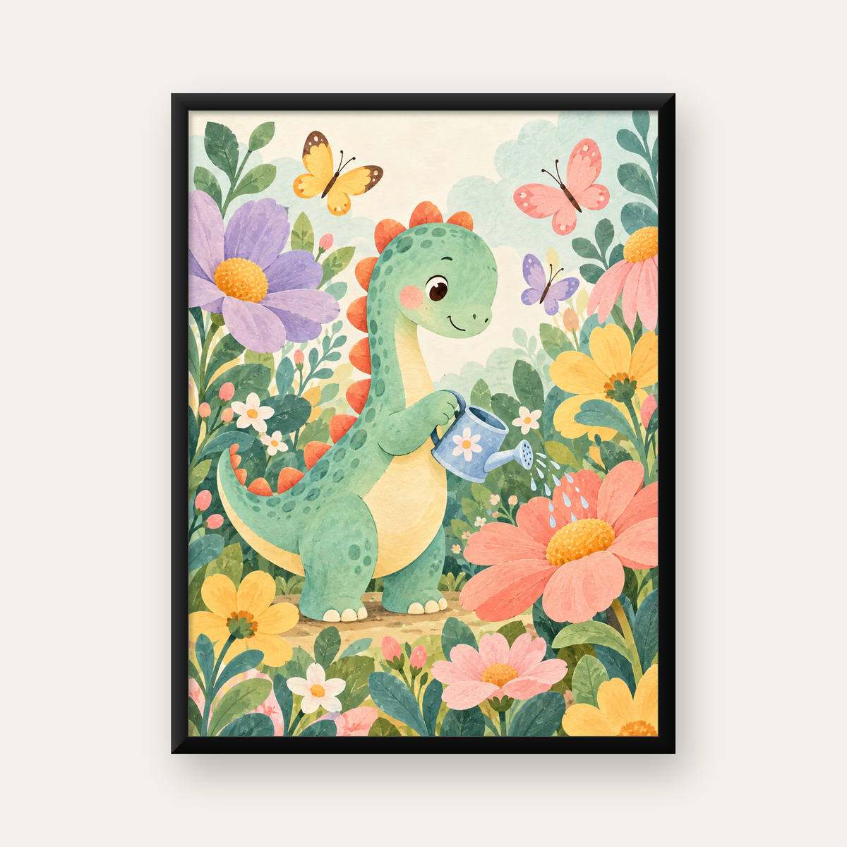 Sevimli Dinozor ve Çiçekler Pastel Poster – Çocuk Odası Dekoru — Dikey baskı, düz siyah çerçeveli duvar posteri