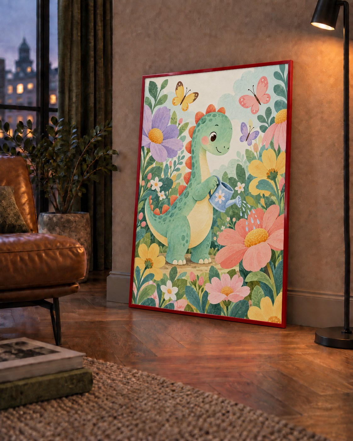 Sevimli Dinozor ve Çiçekler Pastel Poster – Çocuk Odası Dekoru