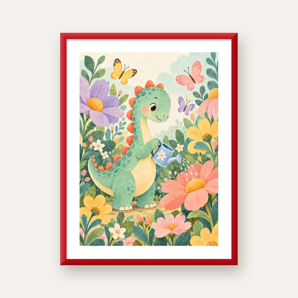 Sevimli Dinozor ve Çiçekler Pastel Poster – Çocuk Odası Dekoru — kırmızı çerçeveli paspartulu