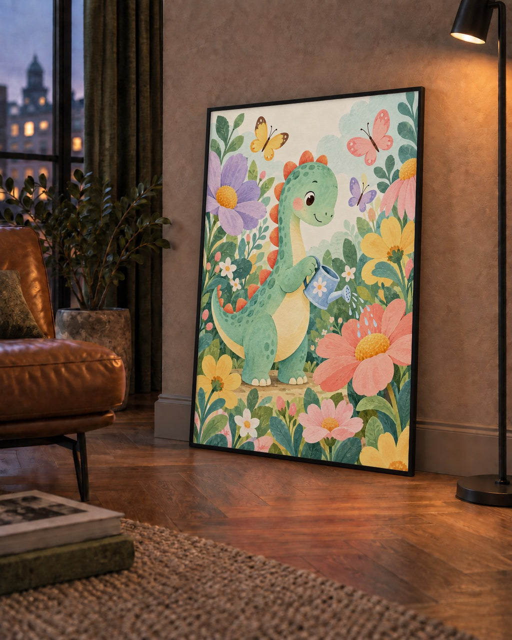 Sevimli Dinozor ve Çiçekler Pastel Poster – Çocuk Odası Dekoru