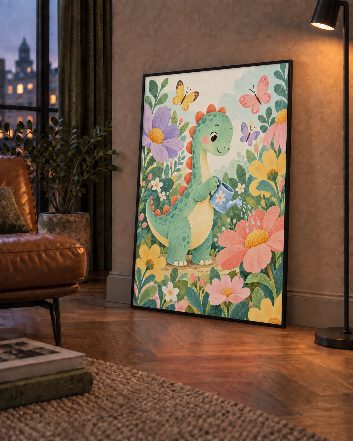 Sevimli Dinozor ve Çiçekler Pastel Poster – Çocuk Odası Dekoru