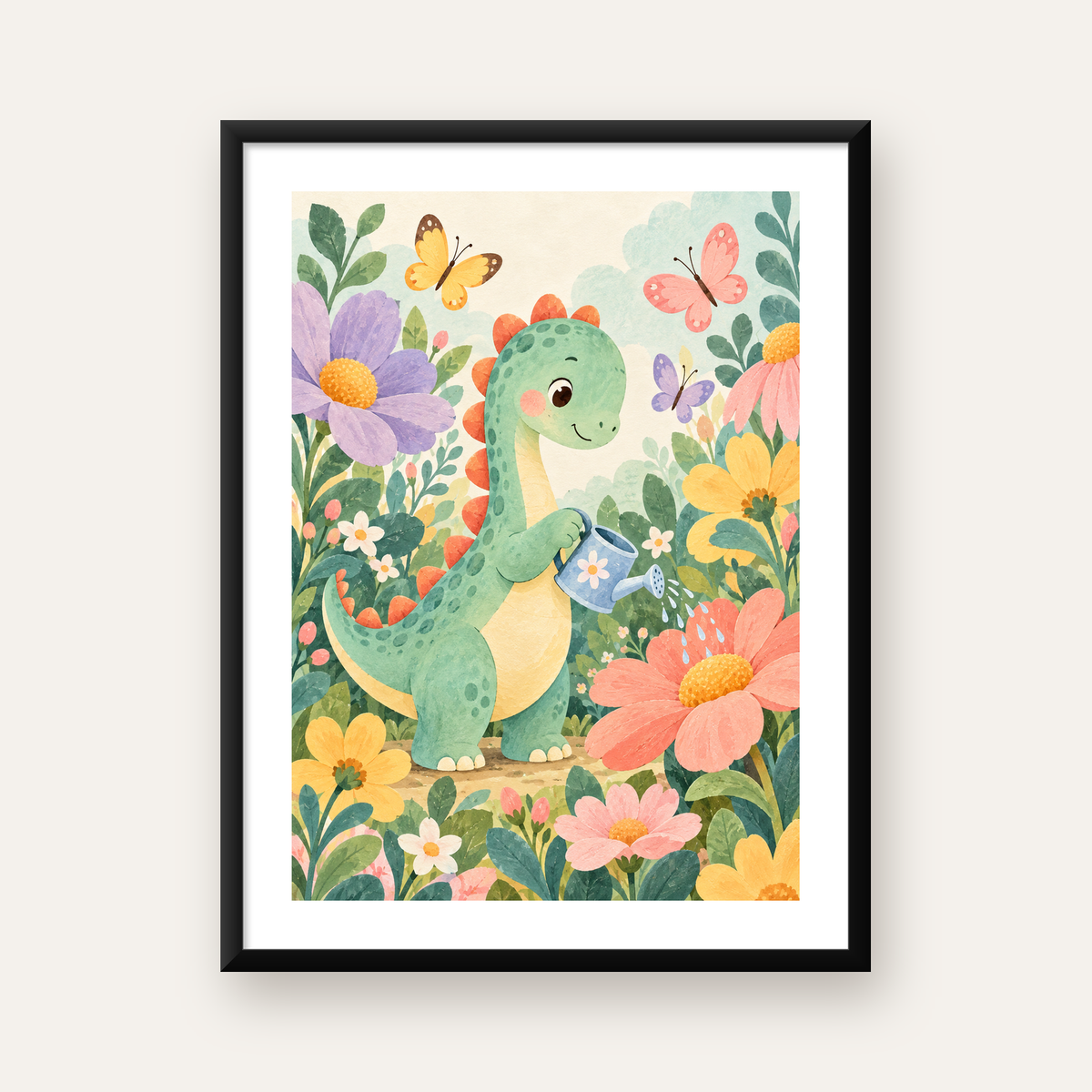 Sevimli Dinozor ve Çiçekler Pastel Poster – Çocuk Odası Dekoru — Dikey baskı, beyaz paspartulu