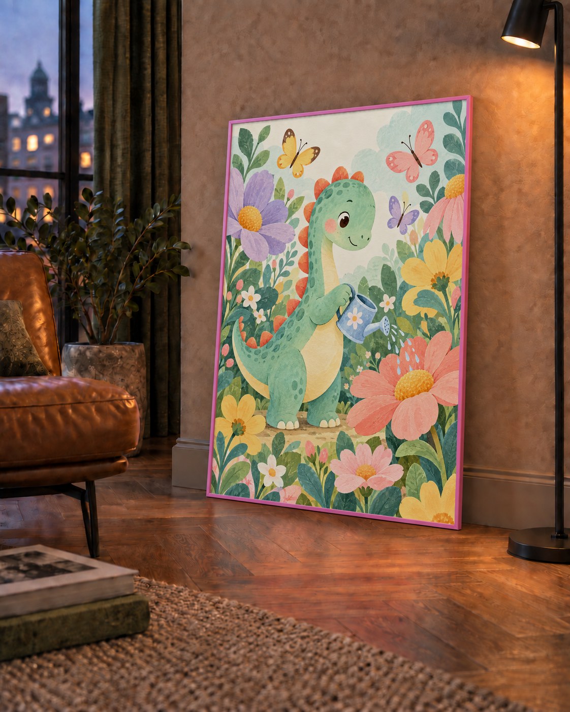 Sevimli Dinozor ve Çiçekler Pastel Poster – Çocuk Odası Dekoru