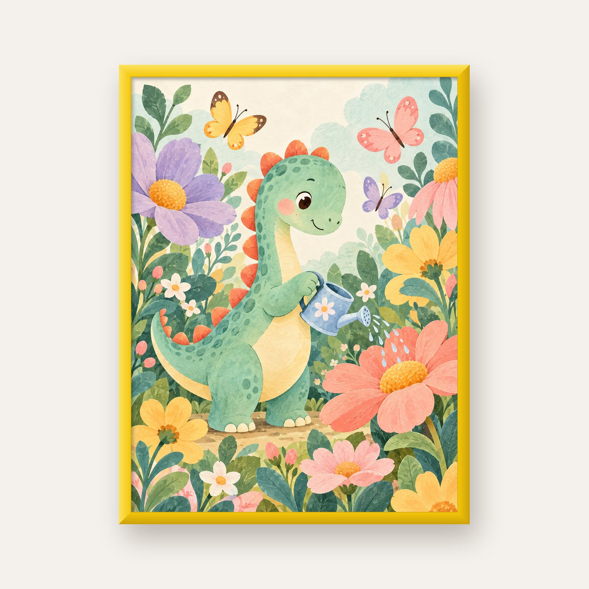 Sevimli Dinozor ve Çiçekler Pastel Poster – Çocuk Odası Dekoru — sarı çerçeveli