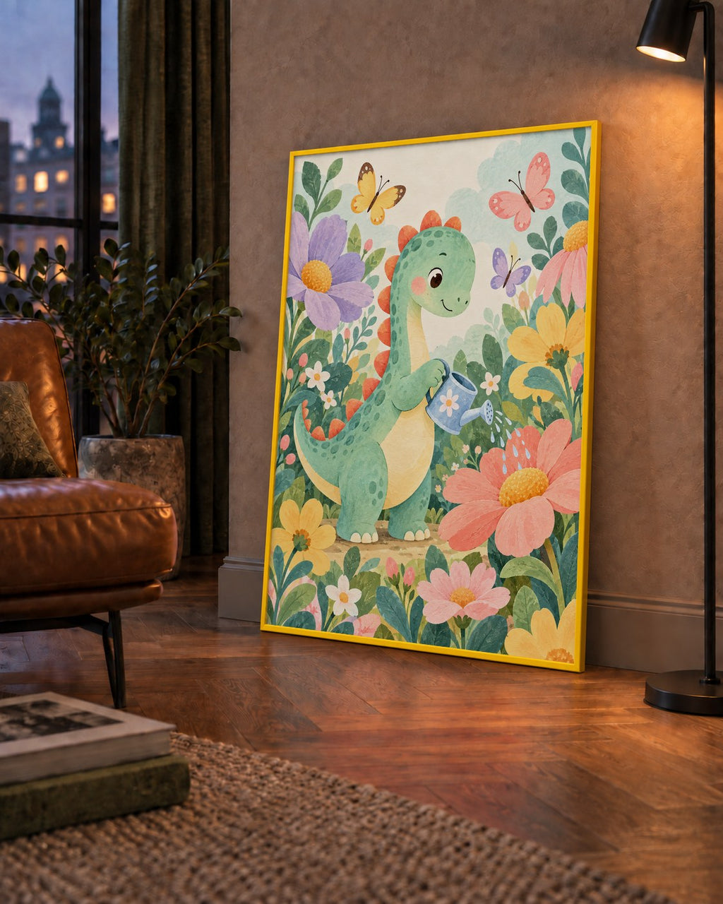 Sevimli Dinozor ve Çiçekler Pastel Poster – Çocuk Odası Dekoru