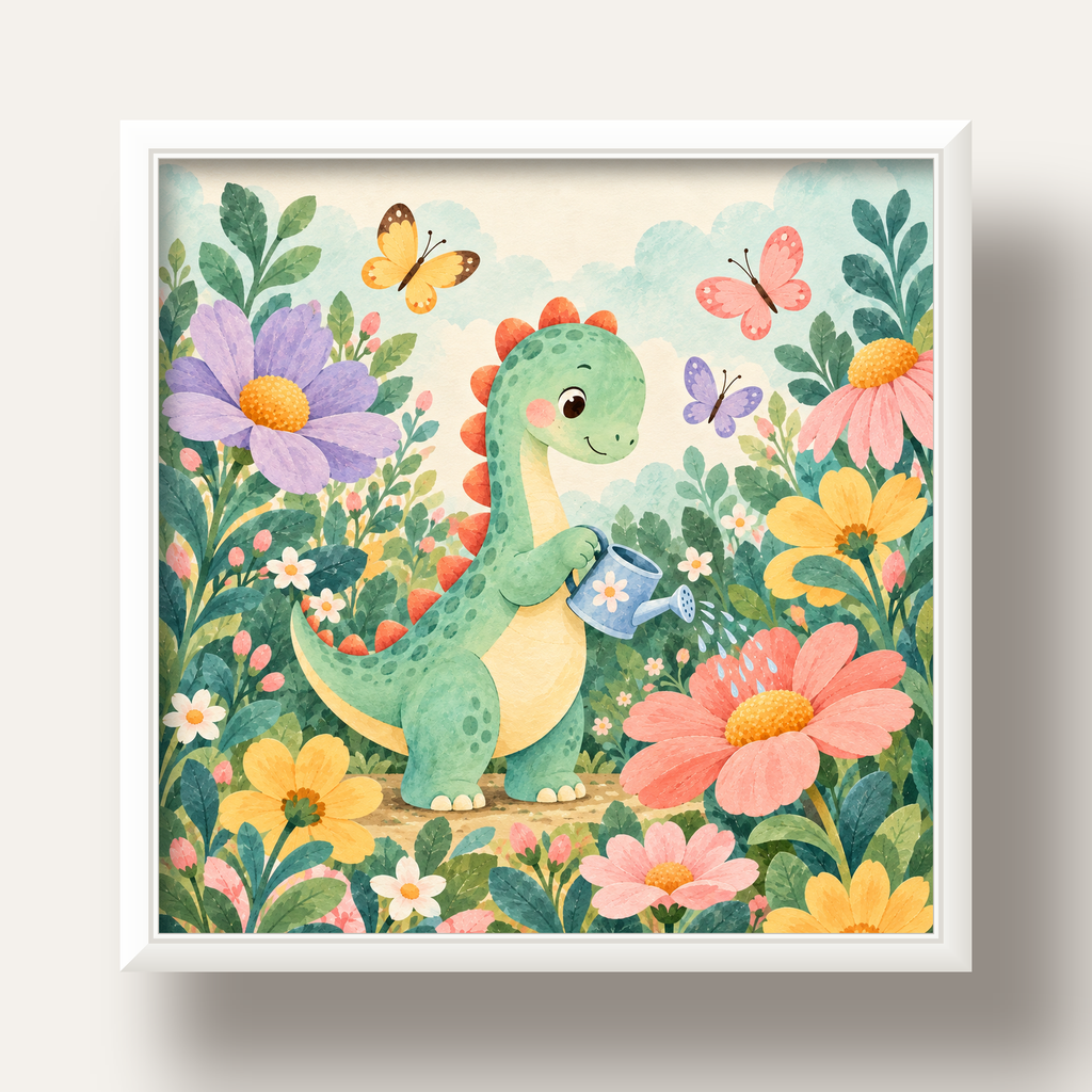 Sevimli Dinozor ve Çiçekler Pastel Poster – Çocuk Odası Dekoru — beyaz derin çerçeveli