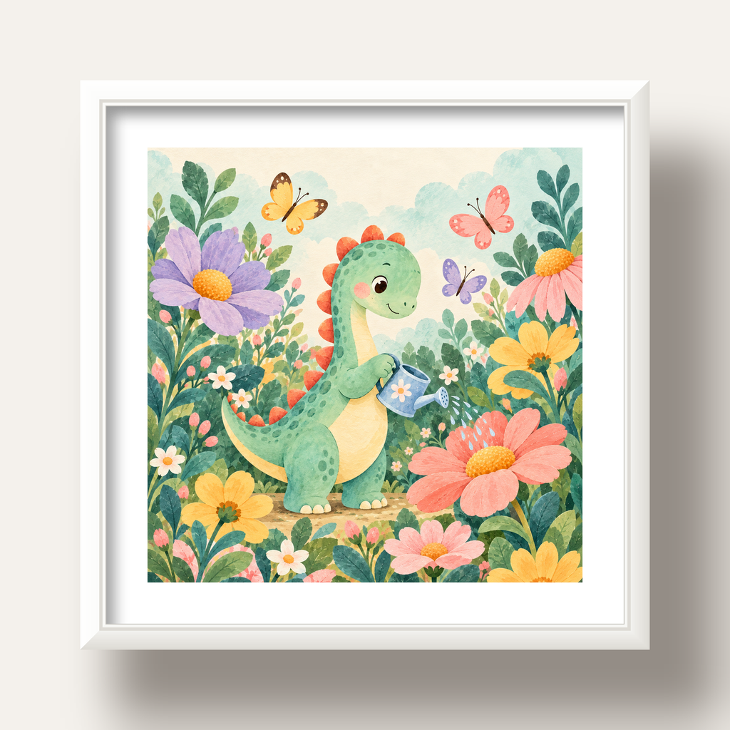 Sevimli Dinozor ve Çiçekler Pastel Poster – Çocuk Odası Dekoru — beyaz derin çerçeveli paspartulu