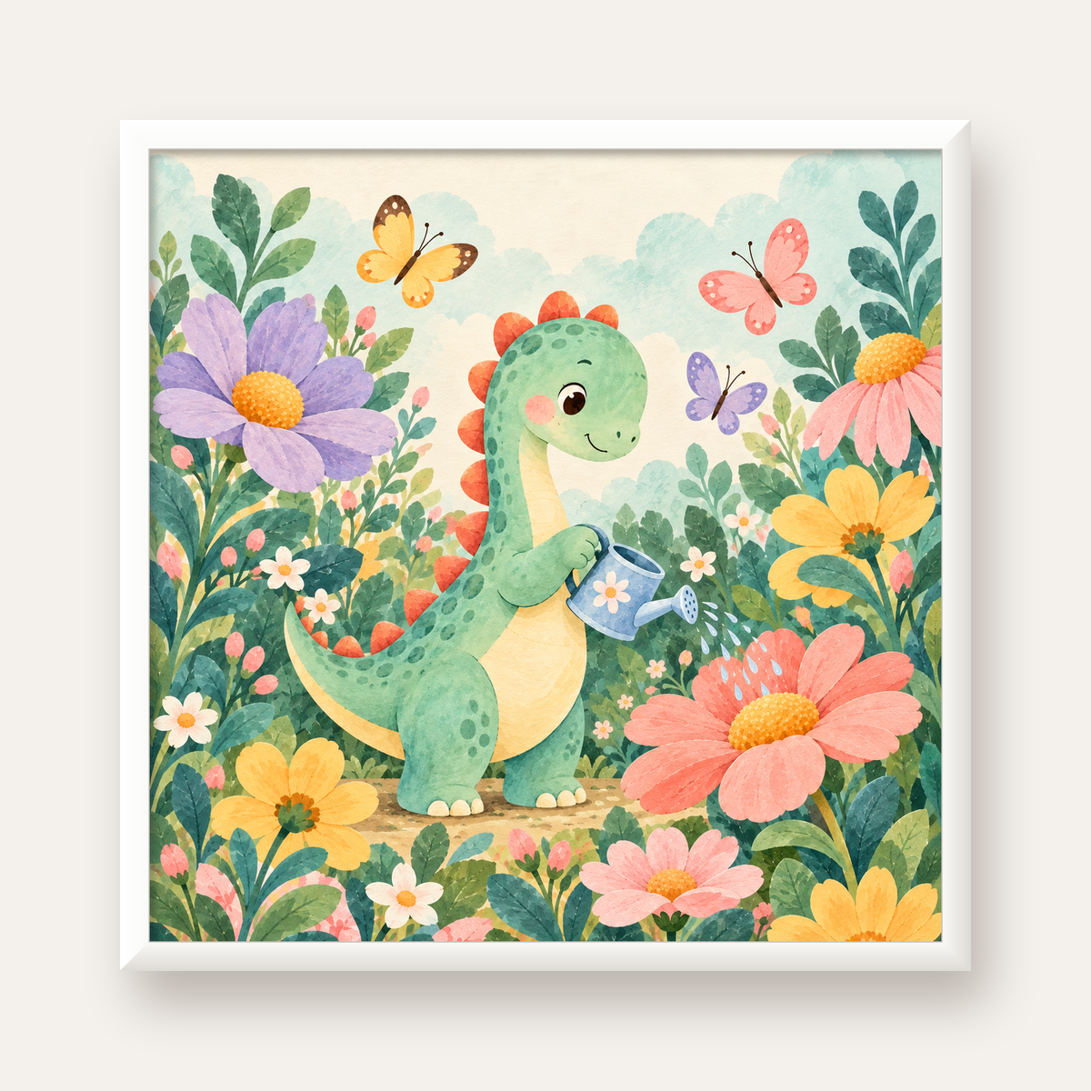 Sevimli Dinozor ve Çiçekler Pastel Poster – Çocuk Odası Dekoru — beyaz çerçeveli kare poster