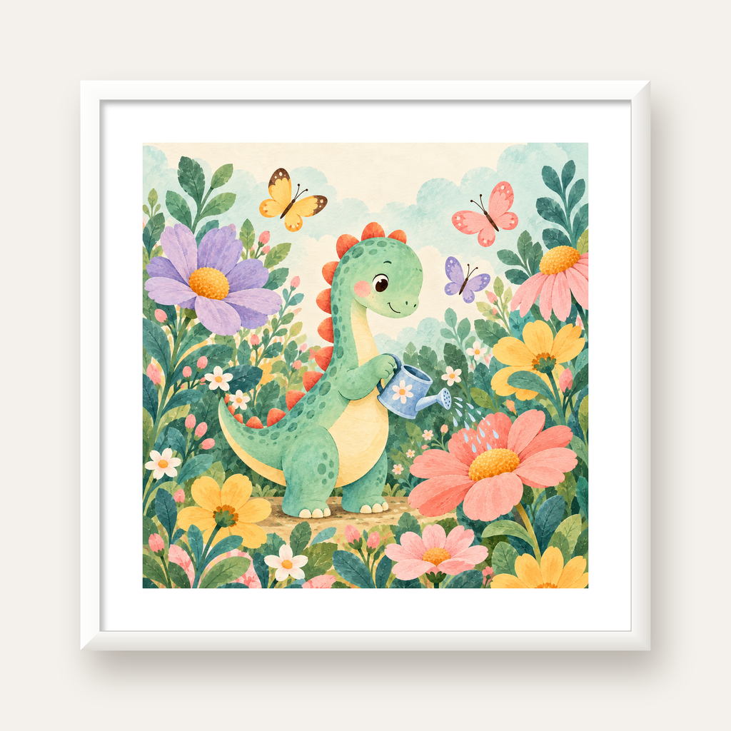 Sevimli Dinozor ve Çiçekler Pastel Poster – Çocuk Odası Dekoru — beyaz çerçeveli kare poster