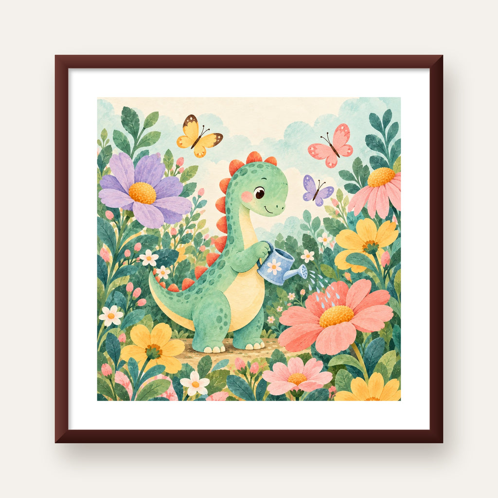 Sevimli Dinozor ve Çiçekler Pastel Poster – Çocuk Odası Dekoru — ceviz çerçeveli paspartulu