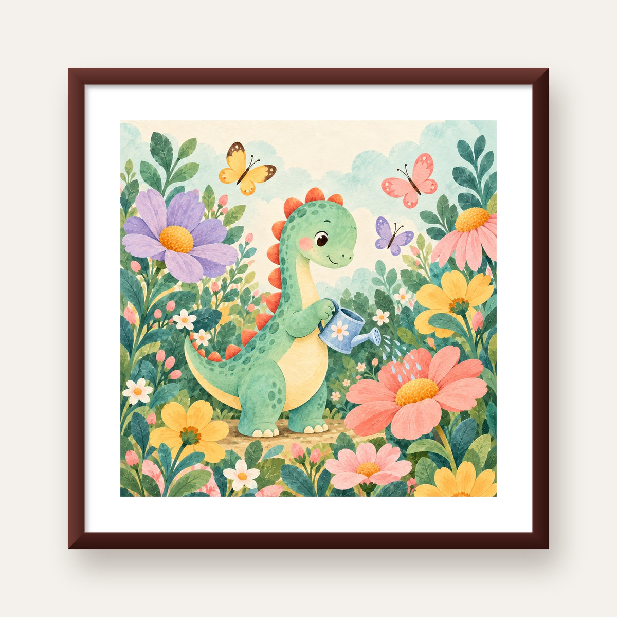 Sevimli Dinozor ve Çiçekler Pastel Poster – Çocuk Odası Dekoru — ceviz çerçeveli paspartulu