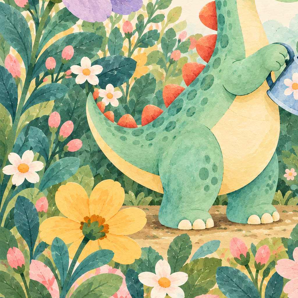 Sevimli Dinozor ve Çiçekler Pastel Poster – Çocuk Odası Dekoru — baskının yakın çekimi, kâğıt dokusu ve renk detayı