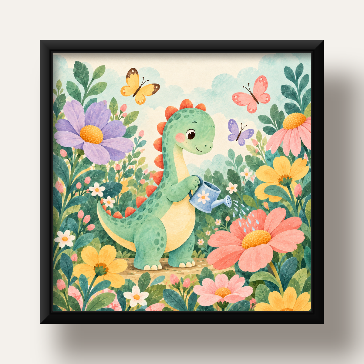Sevimli Dinozor ve Çiçekler Pastel Poster – Çocuk Odası Dekoru — siyah derin çerçeveli