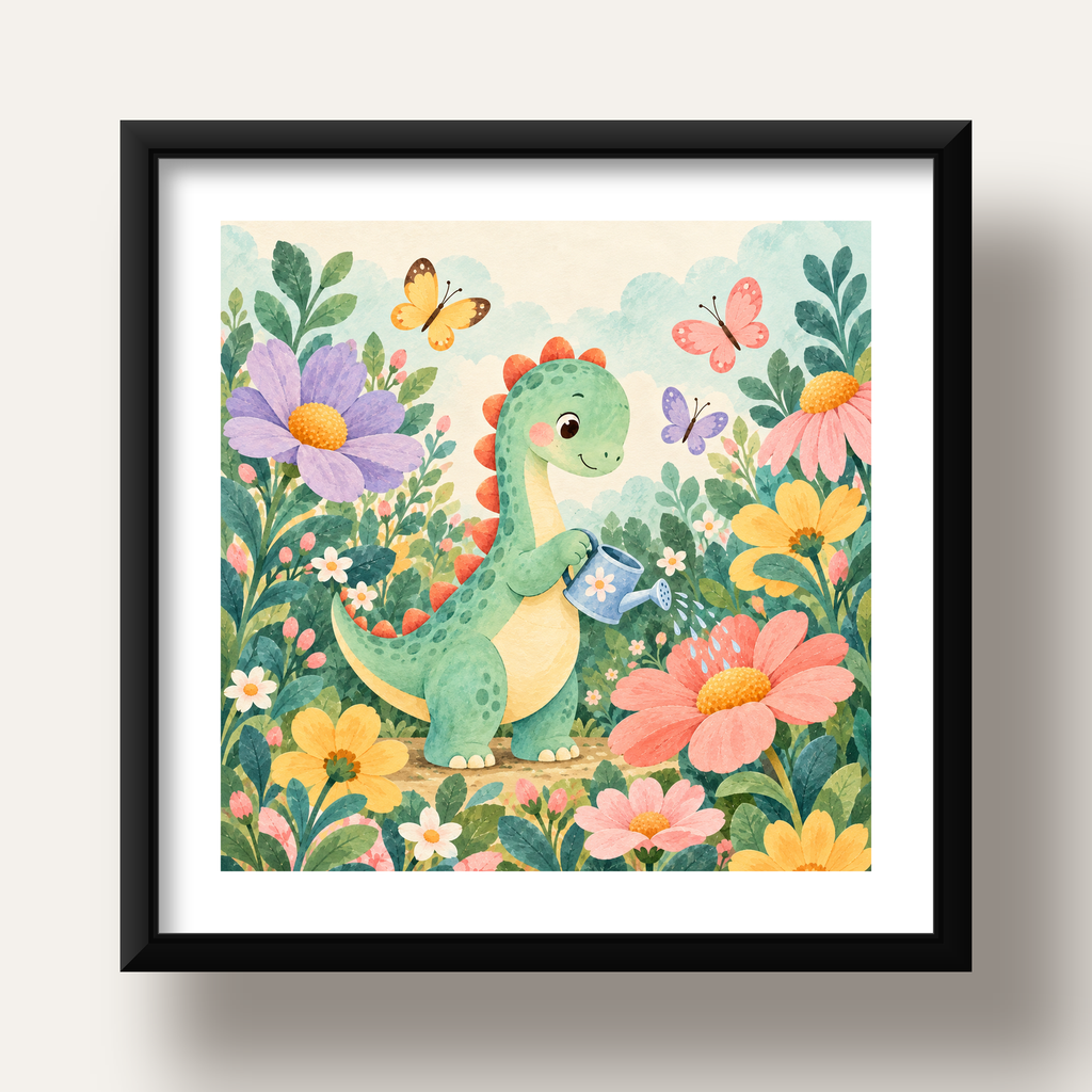 Sevimli Dinozor ve Çiçekler Pastel Poster – Çocuk Odası Dekoru — siyah derin çerçeveli paspartulu