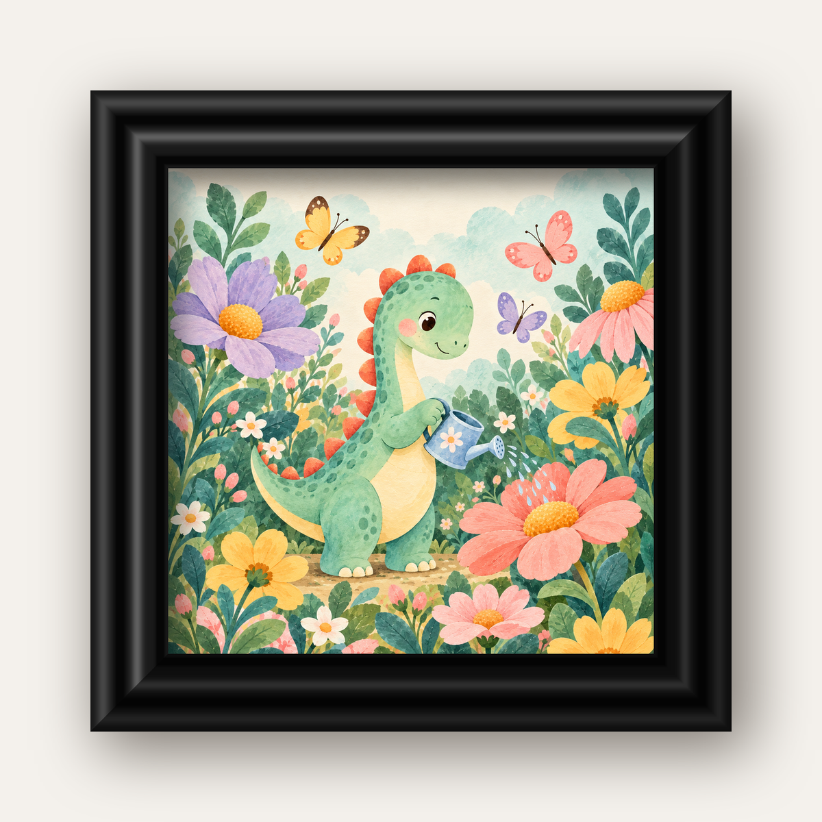 Sevimli Dinozor ve Çiçekler Pastel Poster – Çocuk Odası Dekoru — siyah galeri çerçeveli