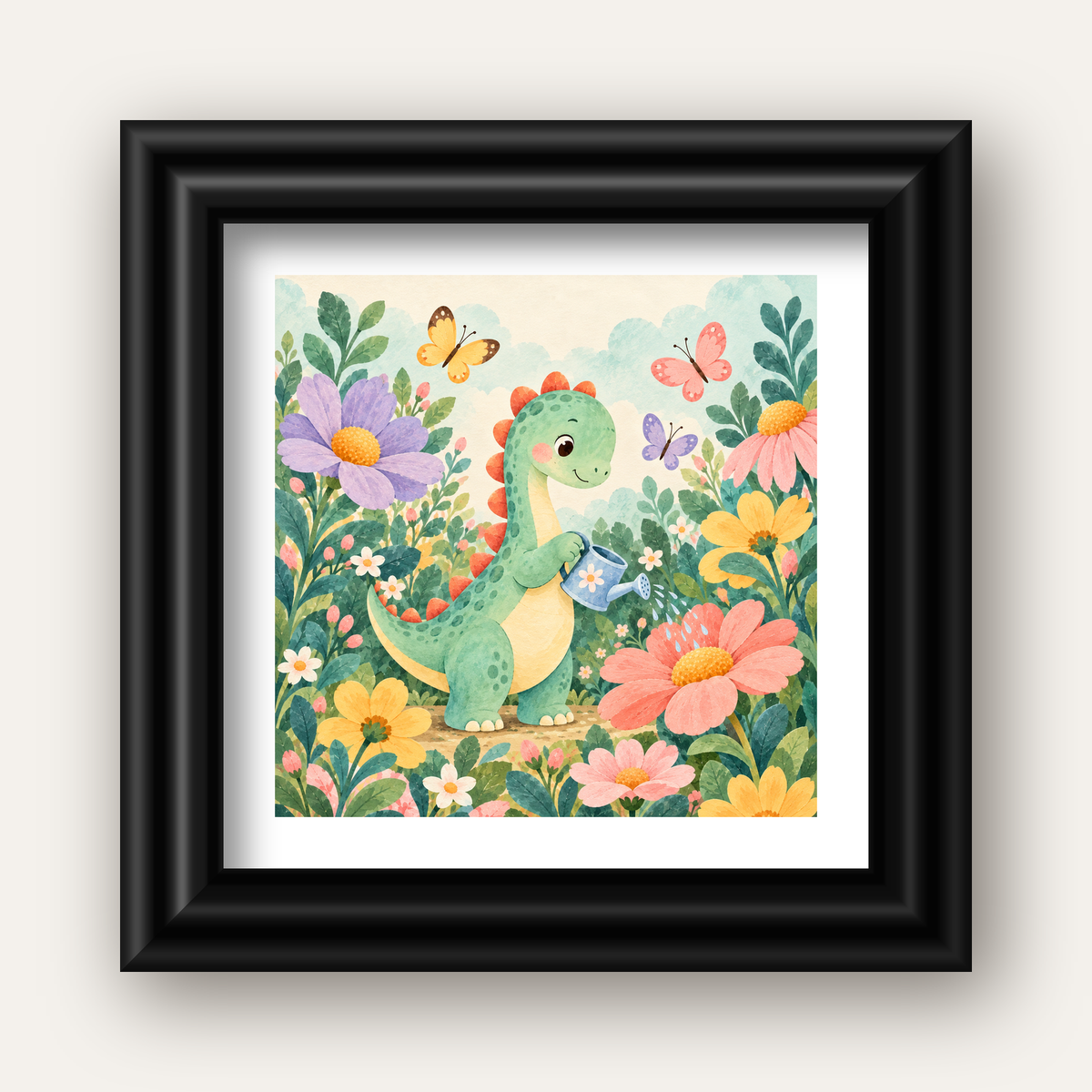 Sevimli Dinozor ve Çiçekler Pastel Poster – Çocuk Odası Dekoru — siyah galeri çerçeveli paspartulu