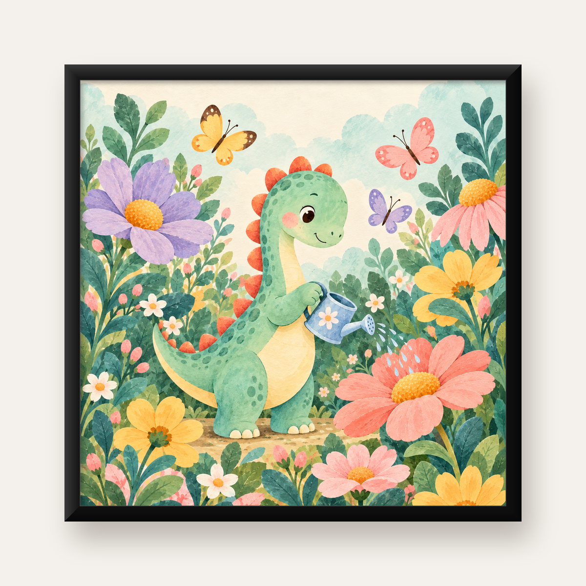 Sevimli Dinozor ve Çiçekler Pastel Poster – Çocuk Odası Dekoru — Kare baskı, düz siyah çerçeveli duvar posteri