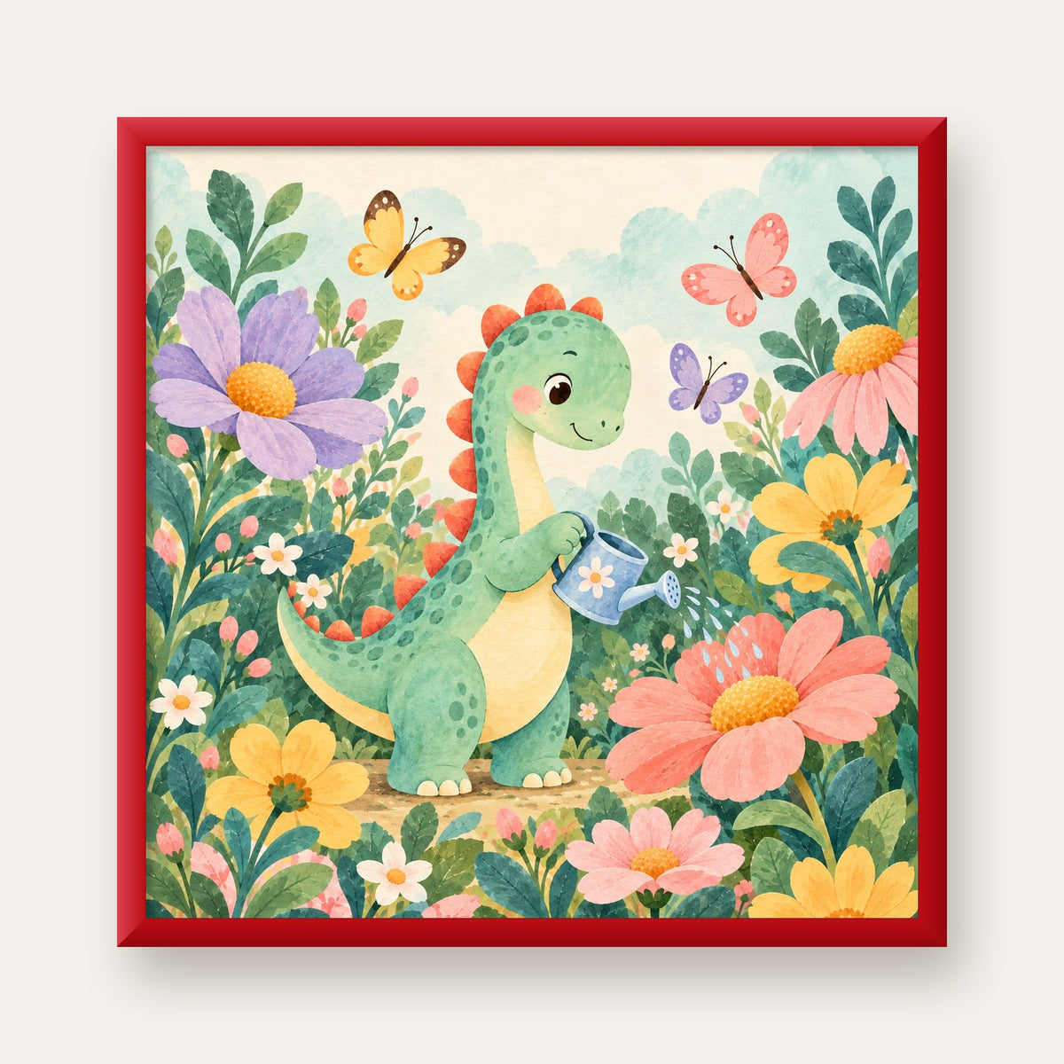 Sevimli Dinozor ve Çiçekler Pastel Poster – Çocuk Odası Dekoru — kırmızı çerçeveli