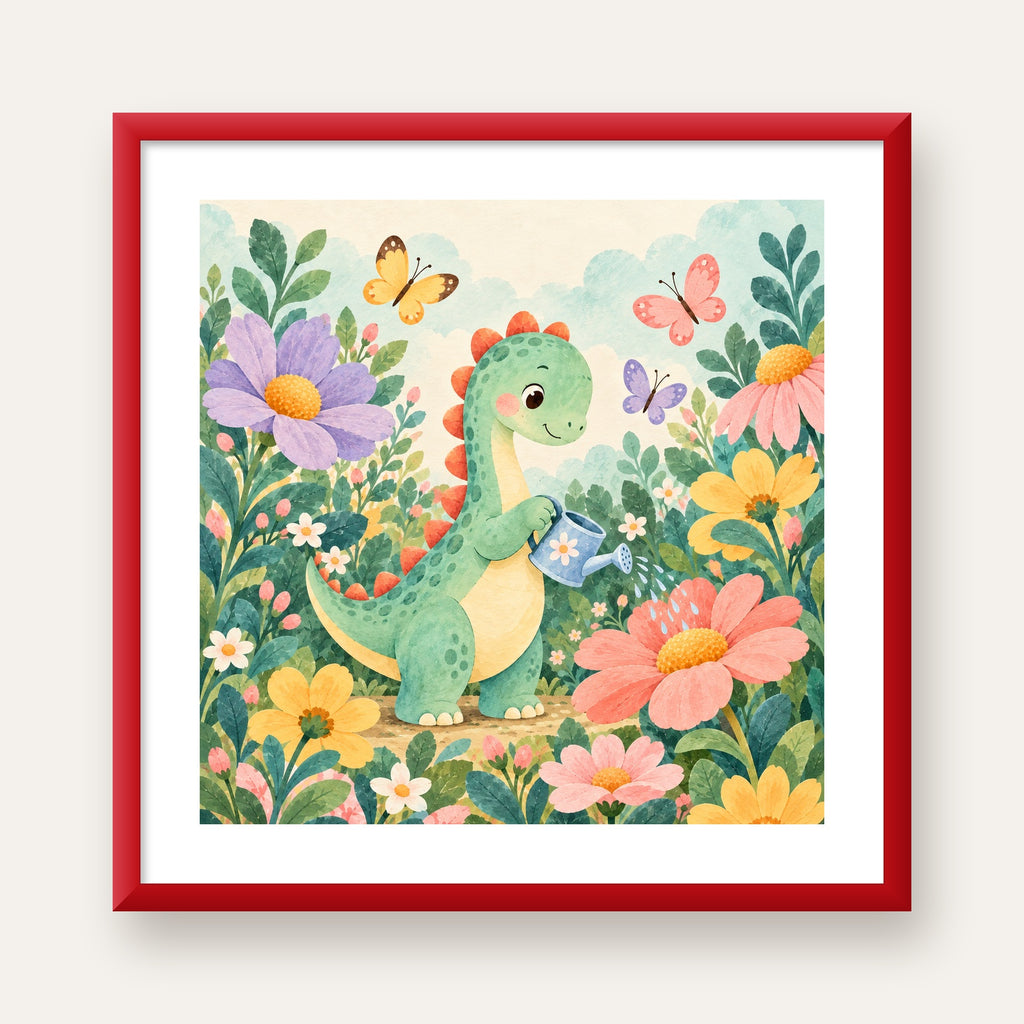 Sevimli Dinozor ve Çiçekler Pastel Poster – Çocuk Odası Dekoru — kırmızı çerçeveli paspartulu