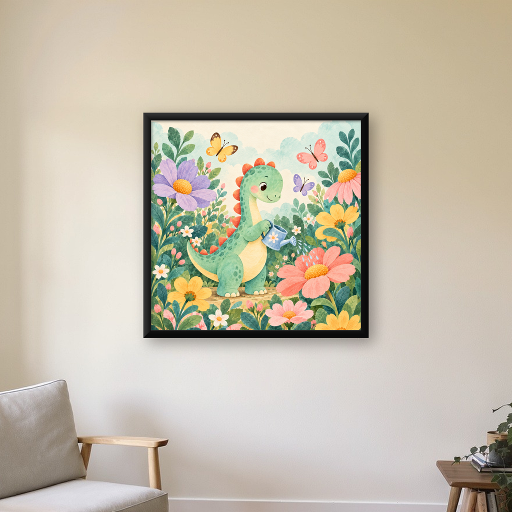 Sevimli Dinozor ve Çiçekler Pastel Poster – Çocuk Odası Dekoru — Kare baskı, çerçeveli hâliyle bir ev duvarında
