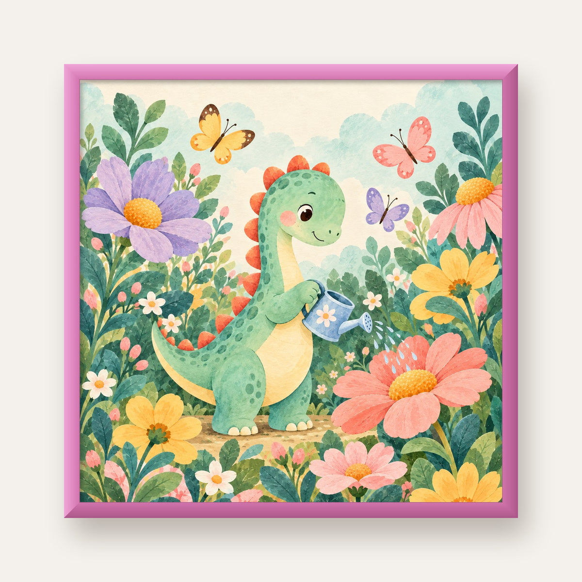 Sevimli Dinozor ve Çiçekler Pastel Poster – Çocuk Odası Dekoru — pembe çerçeveli