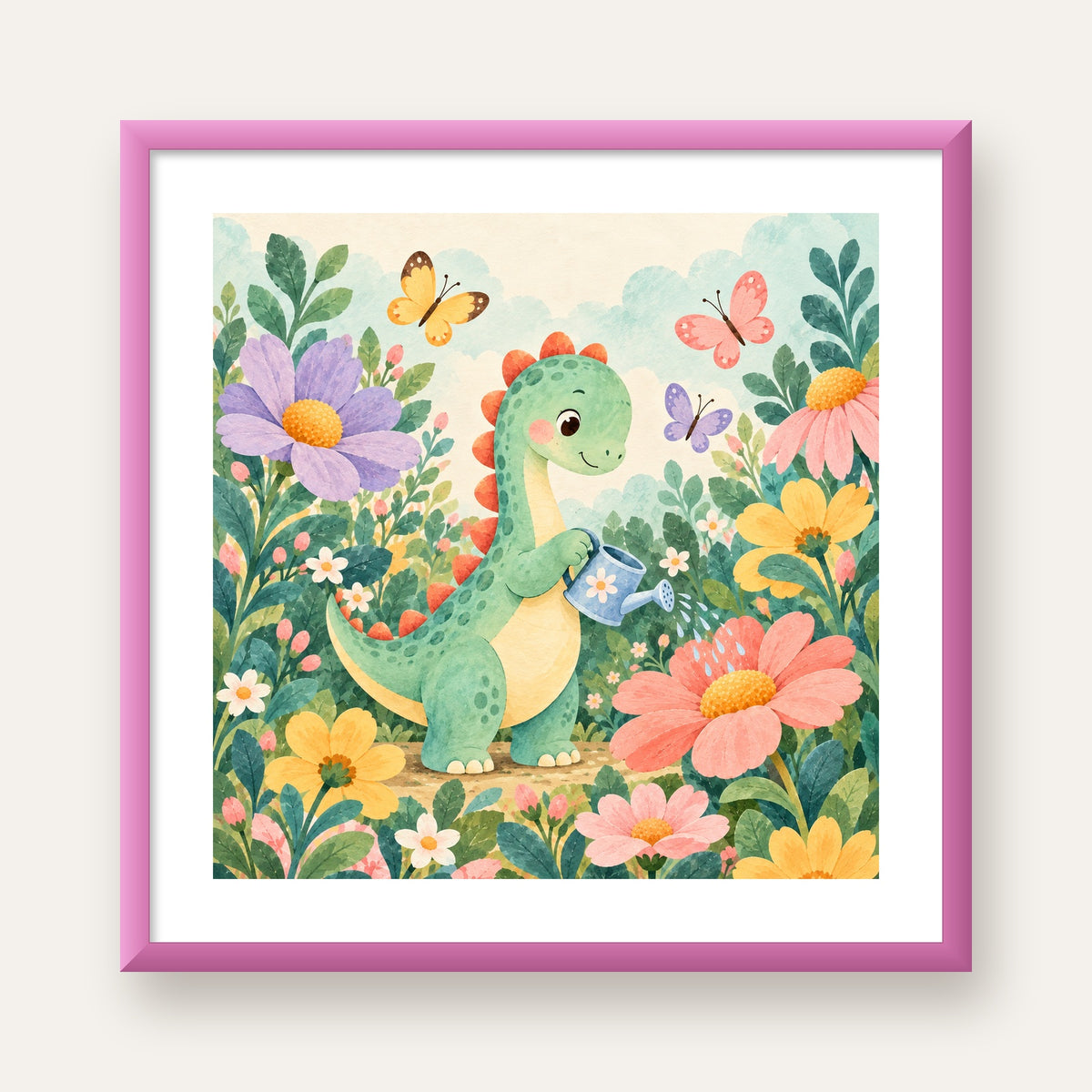 Sevimli Dinozor ve Çiçekler Pastel Poster – Çocuk Odası Dekoru — pembe çerçeveli paspartulu