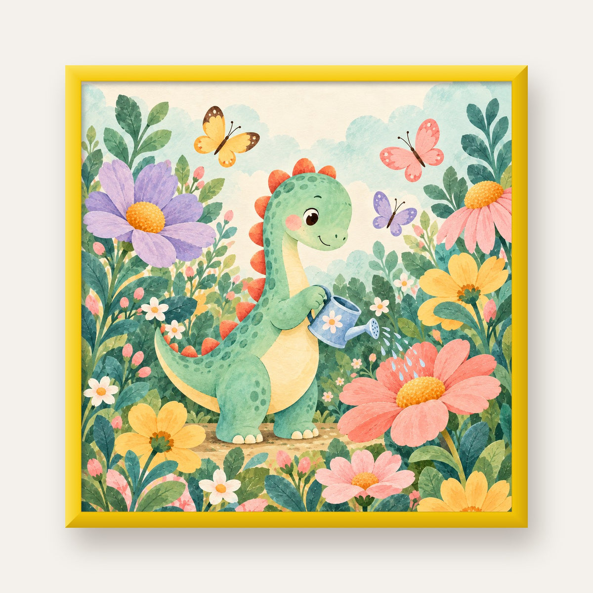 Sevimli Dinozor ve Çiçekler Pastel Poster – Çocuk Odası Dekoru — sarı çerçeveli