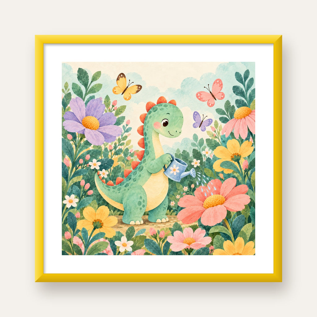 Sevimli Dinozor ve Çiçekler Pastel Poster – Çocuk Odası Dekoru — sarı çerçeveli paspartulu