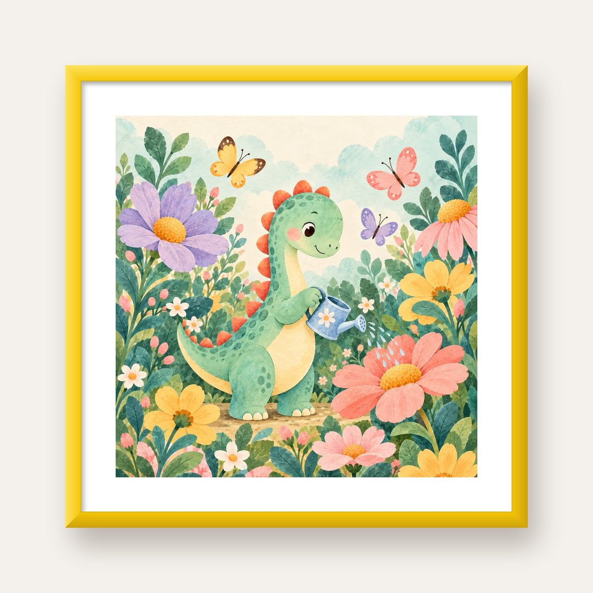 Sevimli Dinozor ve Çiçekler Pastel Poster – Çocuk Odası Dekoru — sarı çerçeveli paspartulu