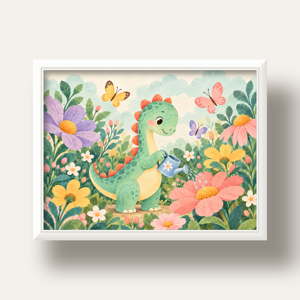 Sevimli Dinozor ve Çiçekler Pastel Poster – Çocuk Odası Dekoru — beyaz derin çerçeveli
