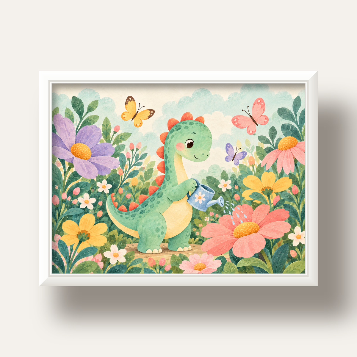 Sevimli Dinozor ve Çiçekler Pastel Poster – Çocuk Odası Dekoru — beyaz derin çerçeveli