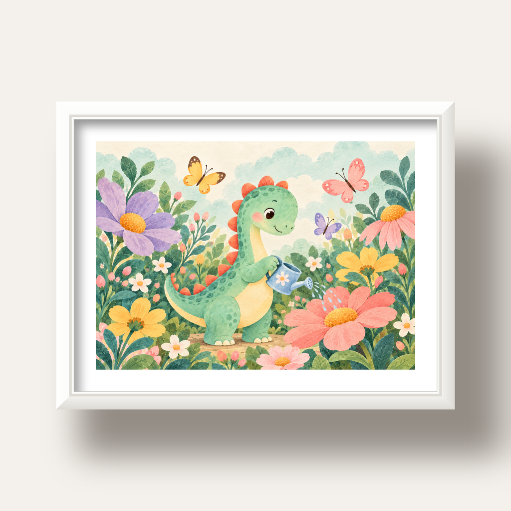 Sevimli Dinozor ve Çiçekler Pastel Poster – Çocuk Odası Dekoru — beyaz derin çerçeveli paspartulu